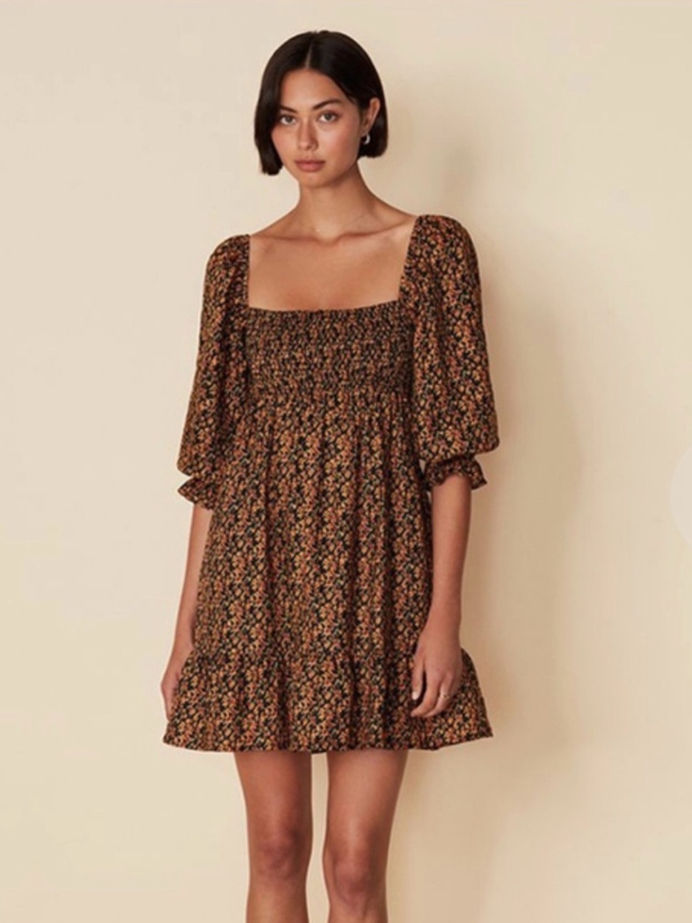 Faithfull The Brand Smocked Floral Mini Dress US 14
